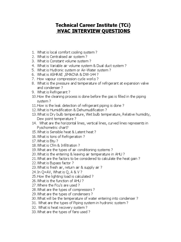 Technical Career Institute (Tci) Hvac Interview Questions PDF Hvac