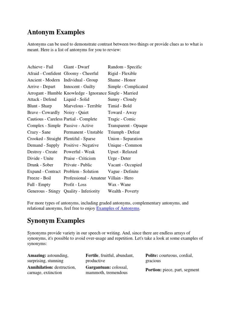 Antonym Examples Pdf Perfect Grammar Grammatical Tense