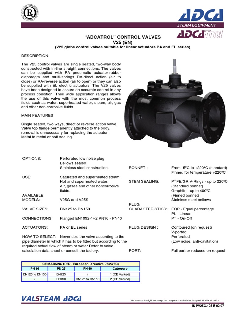 ADCA V25 Control Valve Data Sheet | PDF | Valve | Gas Technologies