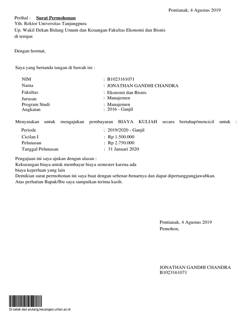 Contoh Surat Permohonan Penundaan Pembayaran Biaya Sekolah Uang Gedung Siswa Baru