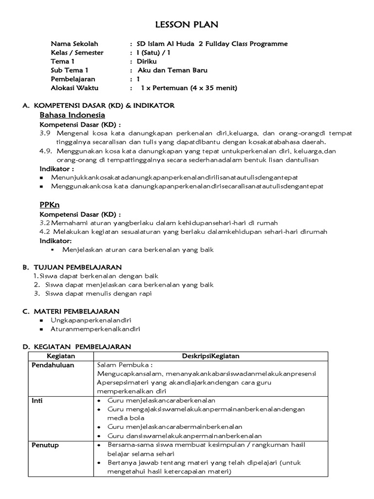 LESSON PLAN Tema 1 Subtema 1 | PDF
