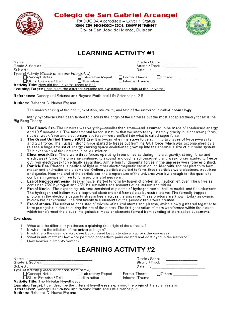 Earth And Life Science Las Updated Universe Elementary