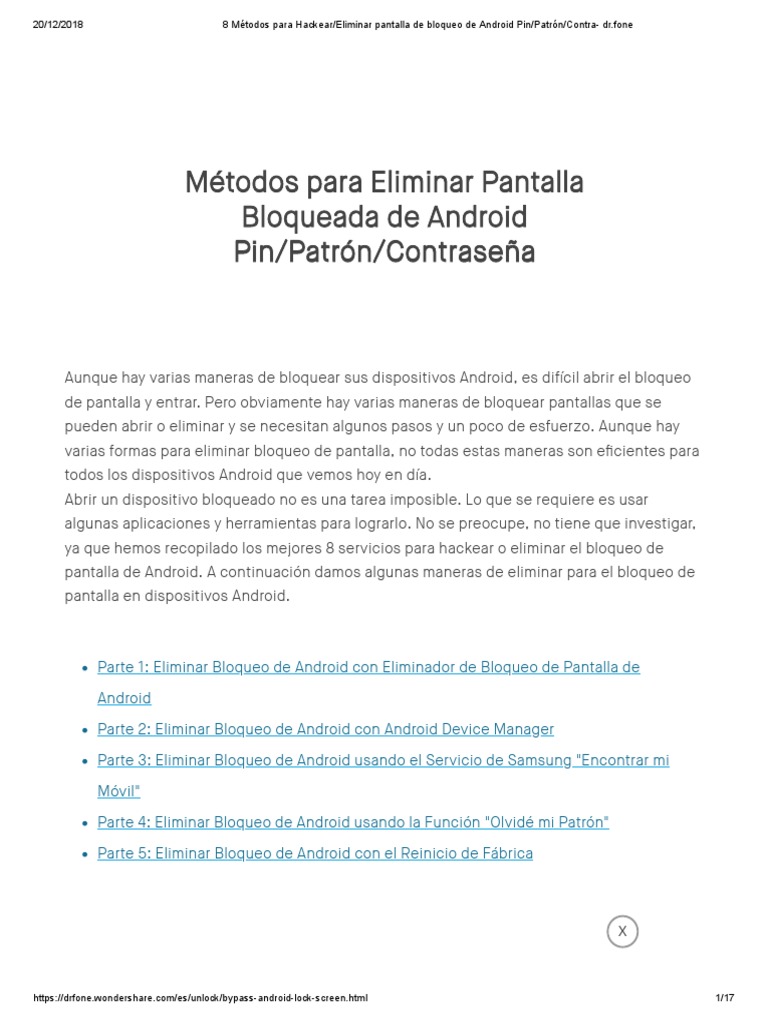 8 Metodos Para Hackear Eliminar Pantalla De Bloqueo De Android Pin Patron Contra Dr Fone Pdf Android Sistema Operativo Contrasena