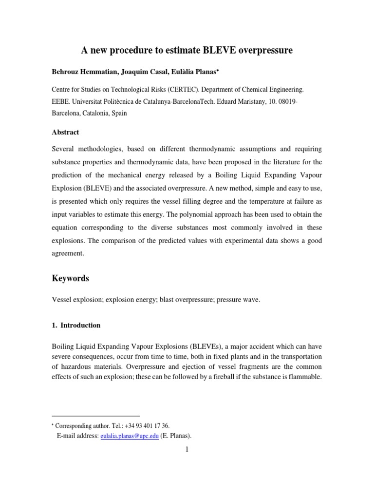 New Method for BLEVE Overpressure Estimation | PDF | Coefficient Of ...