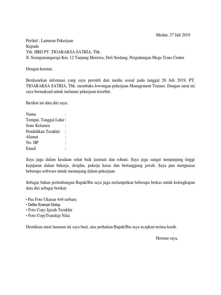 Surat Lamaran Management Trainee.  PDF