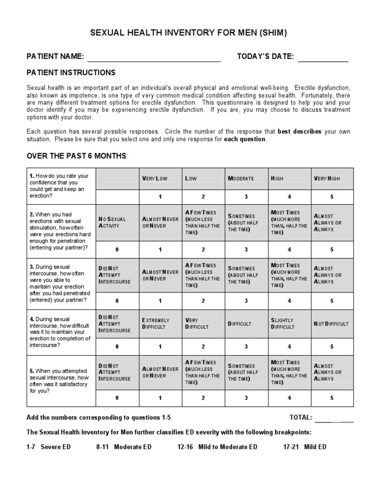 Sexual Health Inventory For Men (Shim) Patient Name Today'S Date