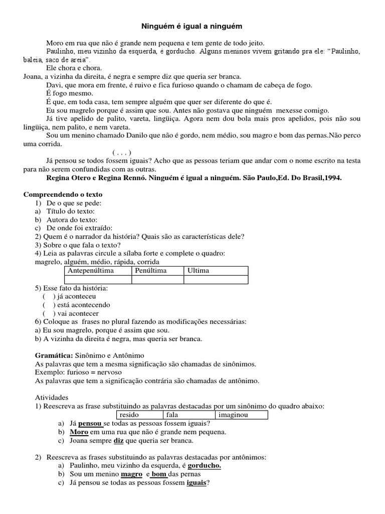 Atividades sobre Ninguém é Igual a Ninguém | PDF