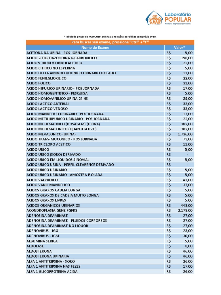 Lista de Exames - Laboratorio Popular | Anticuerpo | Biomoléculas