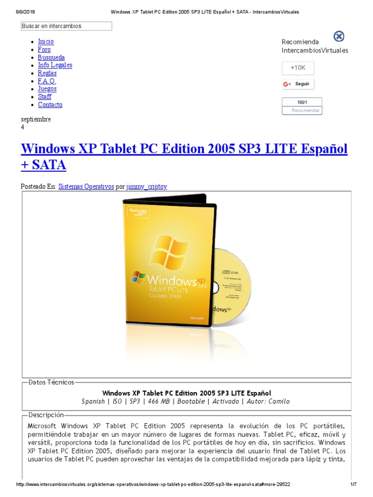 Windows XP Tablet PC Edition 2005 SP3 LITE Español + SATA ...