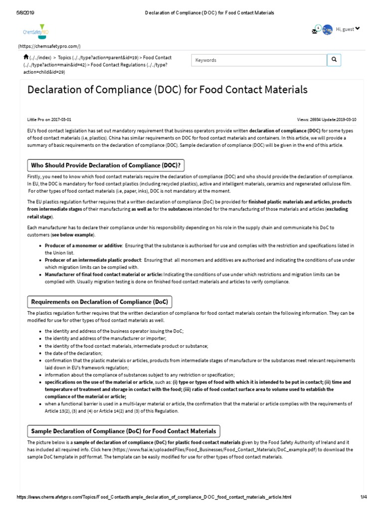 SAMPLE of Declaration of Compliance (DOC) for Food Contact Materials