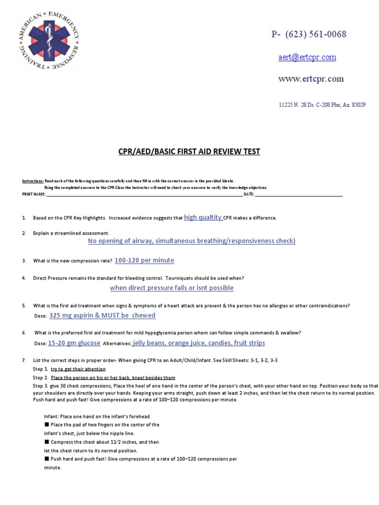 CPR Test and Answers PDF Cardiopulmonary Resuscitation First Aid