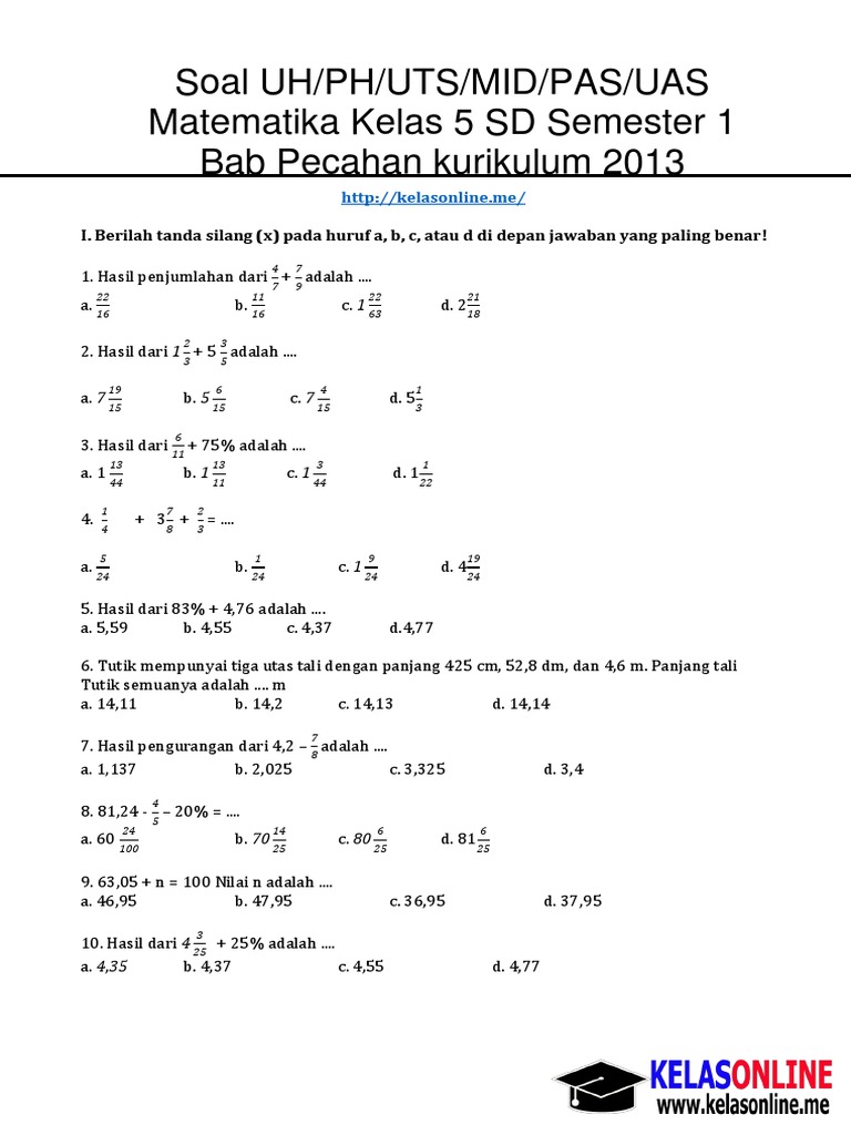 Soal Matematika Kelas 5 Kurikulum 2013 Bab Pecahan | PDF