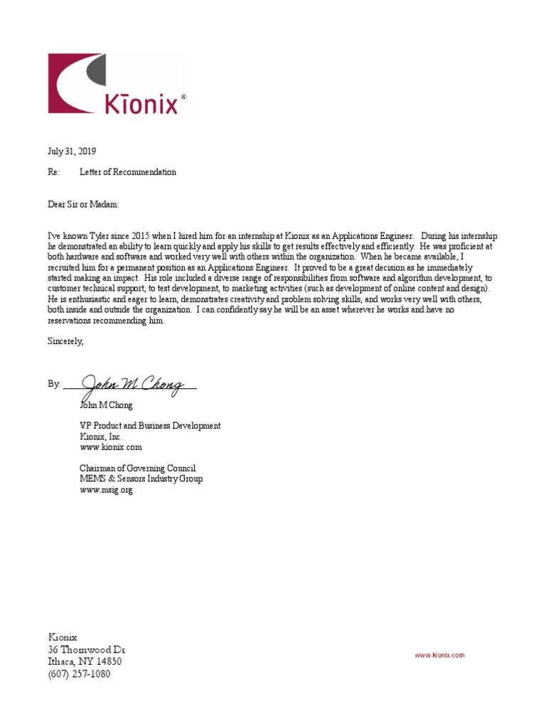 19-07-31 Letter of Recommendation For Tyler Walker | PDF