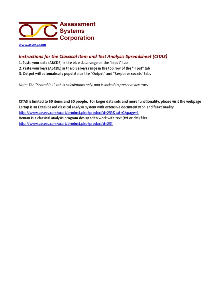 Instructions for Using the Classical Item and Test Analysis Spreadsheet ...