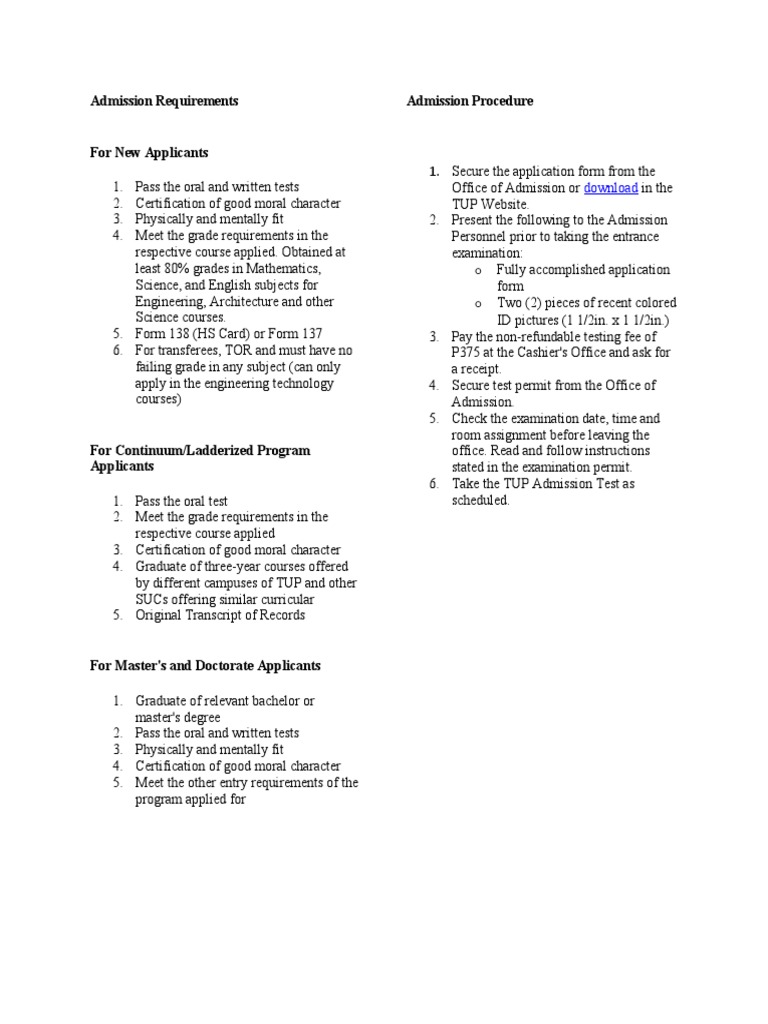 TUP Admission Requirements Overview | PDF