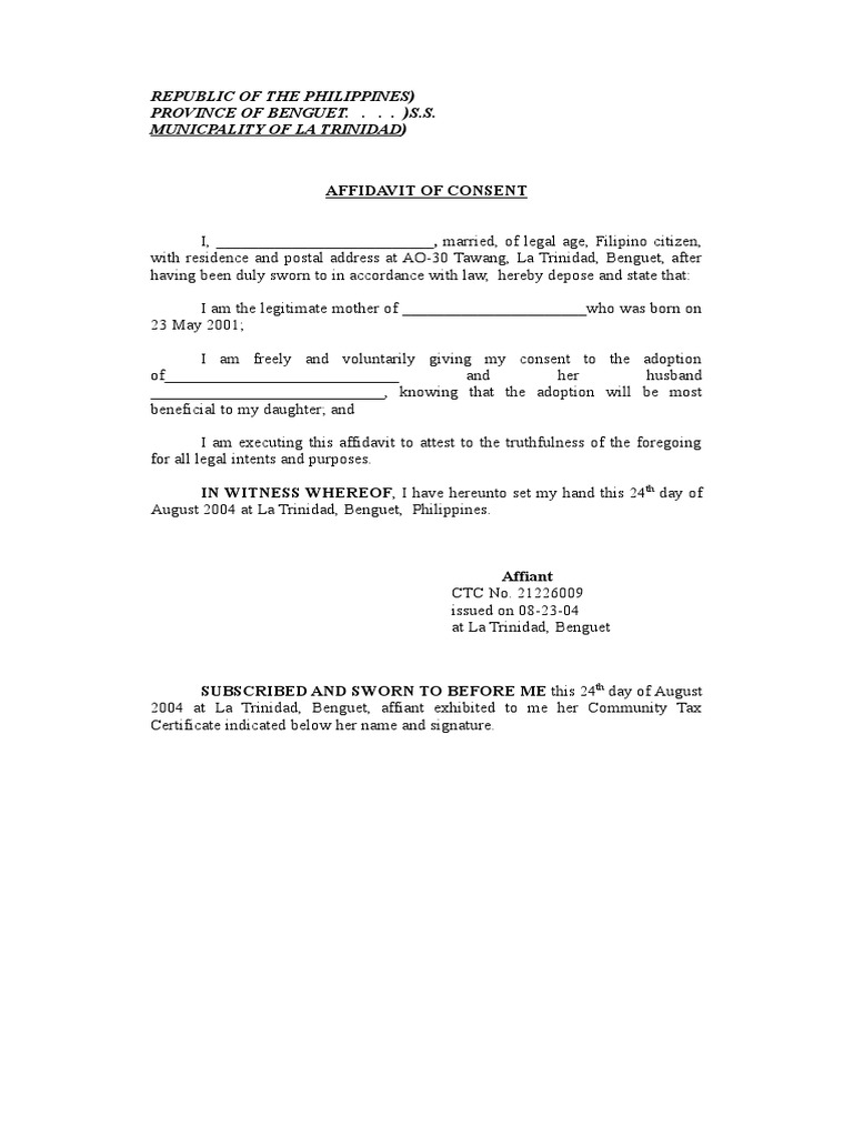 Affidavit of Consent for Adoption | PDF | Law