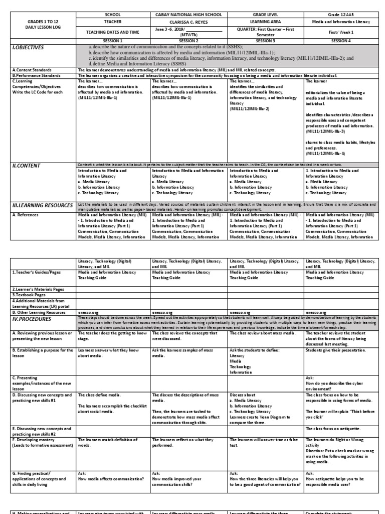 Grade 12 Media Literacy Lesson Plan | PDF | Information Literacy | Learning