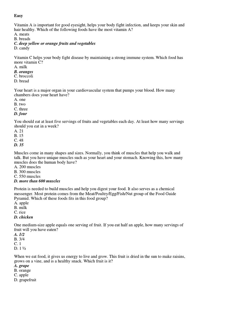 Vitamin, food and nutrition quiz questions and answers | PDF | Fruit ...
