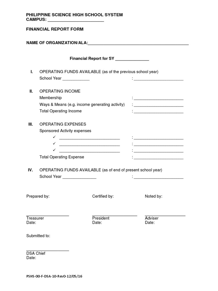 Philippine Science High School System CAMPUS: - Financial Report Form ...