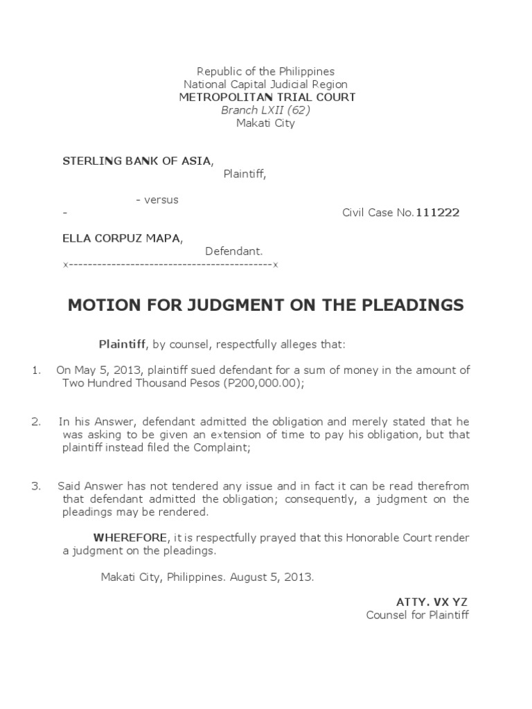 Motion For Judgment On The Pleadings PDF