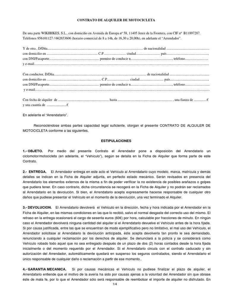 Contrato de Alquiler de Motocicleta | PDF | Alquiler | Póliza de seguros