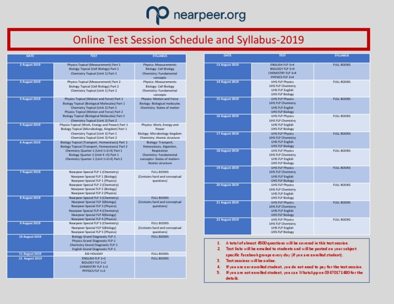 Nearpeer 2019 Test Session Schedule | PDF | Chemistry | Physics