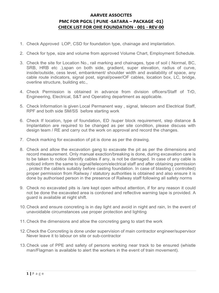 OHE Foundation Checklist and Guidelines | PDF | Construction Aggregate ...