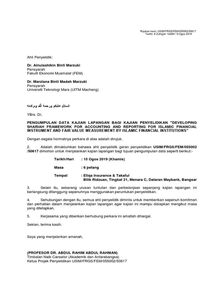 Contoh Surat Kebenaran Kajian Lapangan