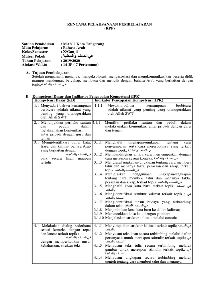 Rpp B Arab Peminatan X Bab 1 Pdf