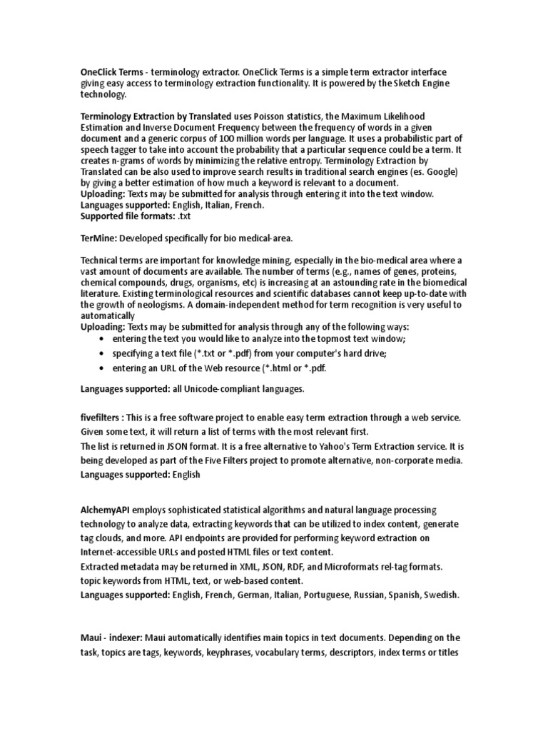 Terminology Extraction Tools PDF Tag (Metadata) File Format