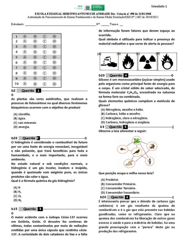 Simulado de Ciências da Natureza 9º Ano | PDF | Oxigênio | Carbono