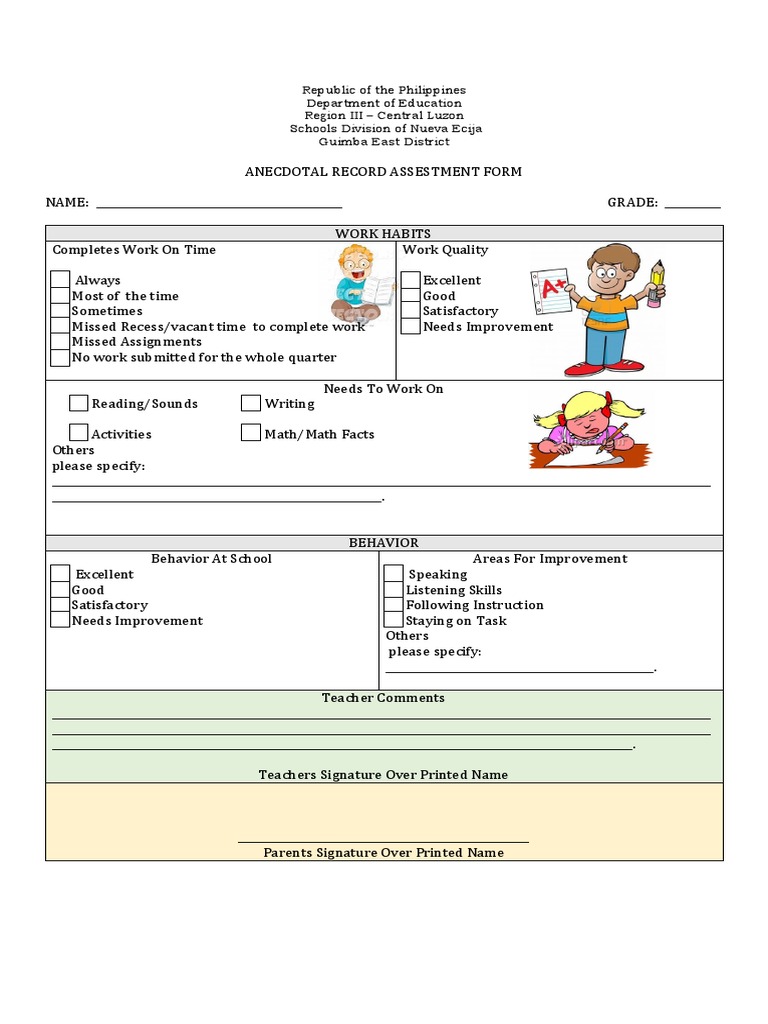 anecdotal record assestment form | pdf | applied psychology | teaching