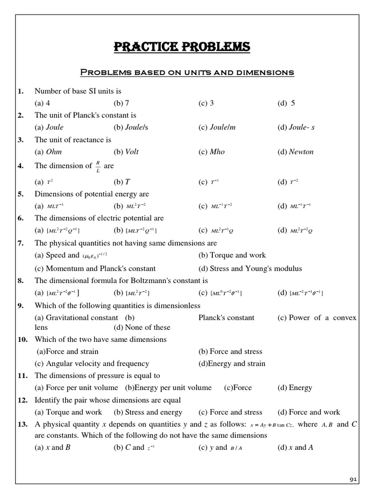 Unit and Dimensions Practice Problems (Physics) PDF Force