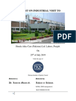 A Report On Industrial Visit To: Honda Atlas Cars (Pakistan) Ltd. Lahore, Punjab. On 25 of July 2019