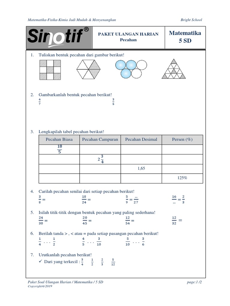 Soal Ulangan Matematika Kelas 5 Bab Pecahan | PDF