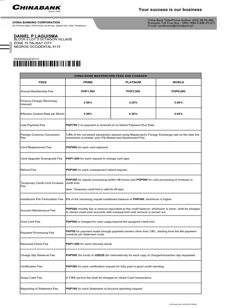 China Bank Mastercard Fees Overview | PDF | Credit Card | Fee