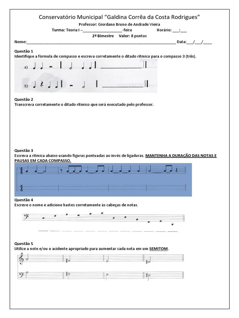 Prova de Teoria Musical para Iniciantes | PDF | Métodos e Materiais de ...