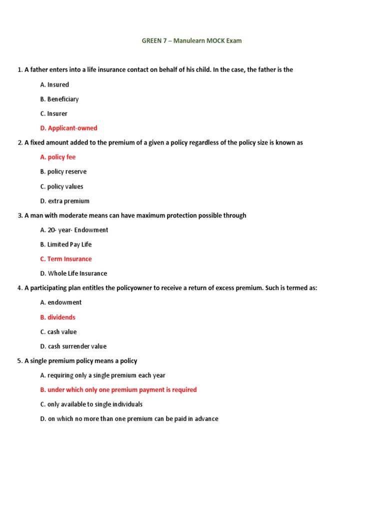 Life Insurance Exam Practice Questions | PDF | Life Insurance | Insurance