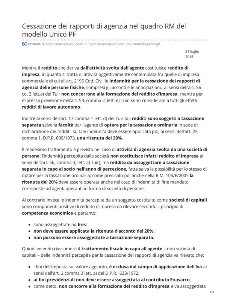 Ecnewsit Cessazione Dei Rapporti Di Agenzia Nel Quadro Rm
