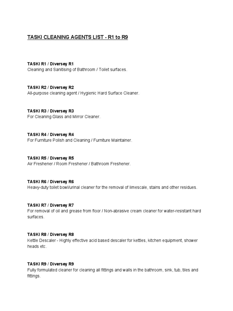 Taski Cleaning Agents List R1 To R9 PDF