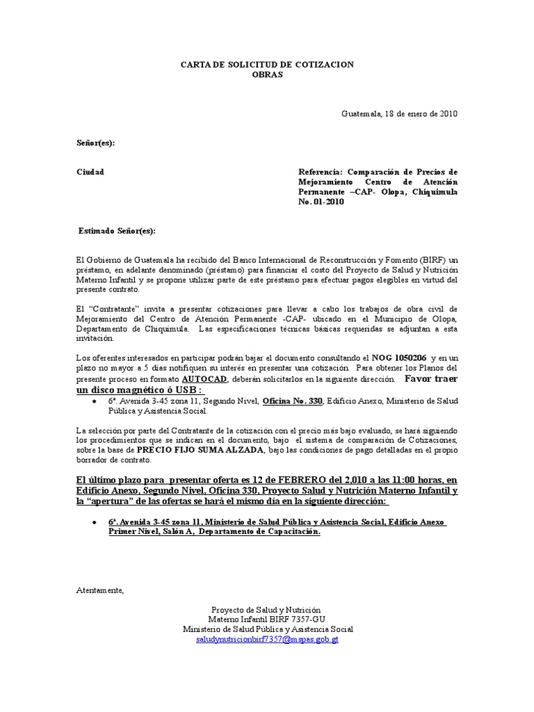 1050206 Carta De Solicitud De Cotizacion Banco Internacional De Reconstruccion Y Desarrollo Trabajo Social