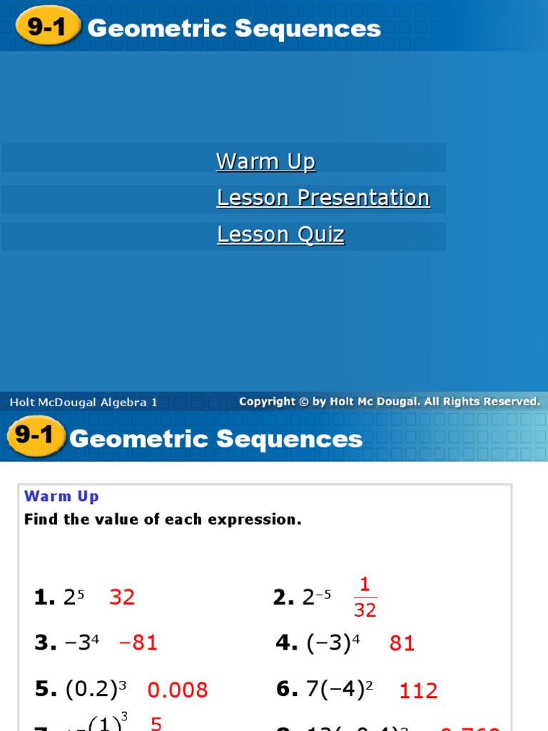 Warm Up Lesson Presentation Lesson Quiz | PDF | Sequence | Exponentiation