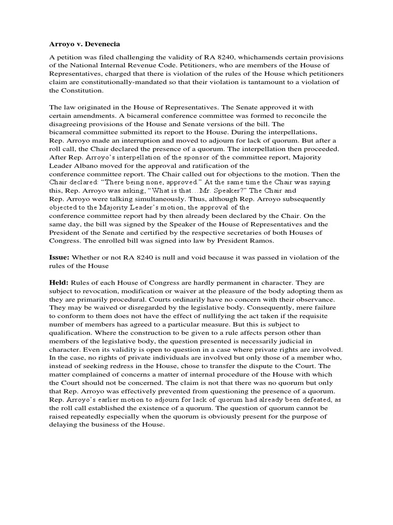 Arroyo V Devenecia PDF United States House Of Representatives Quorum