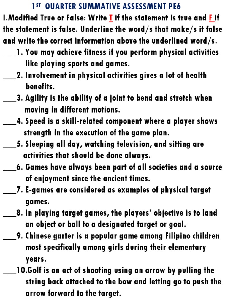 TARP1st Q PE6 Summative Assessment PDF Aerobic Exercise