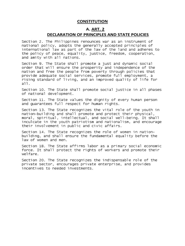 Constitution A. ART. 2 Declaration of Principles and State Policies ...