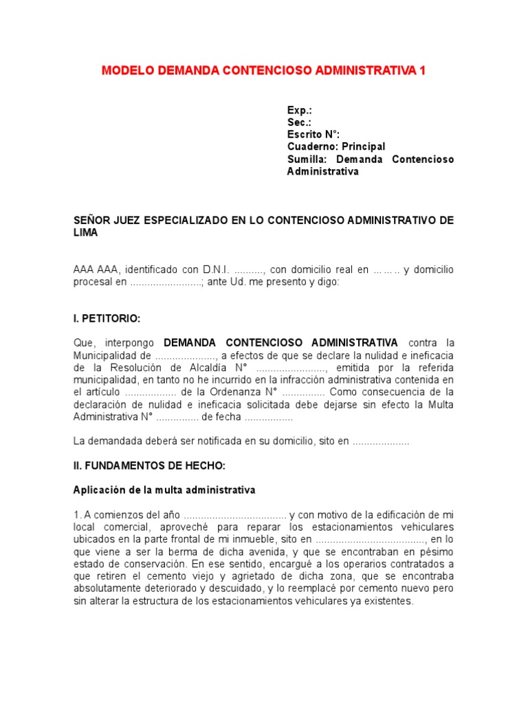 01 Modelo Demanda Contencioso Administrativa 1 Pdf Justicia Crimen Y Violencia