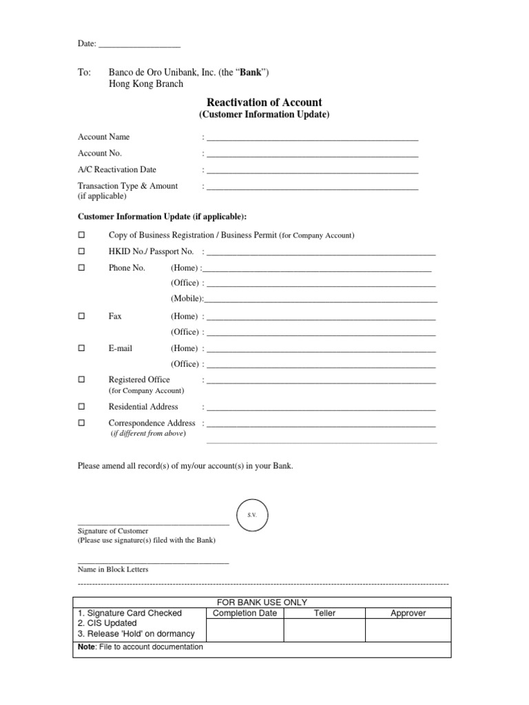 BDO Account Reactivation Form | PDF | Banking | Government And Personhood