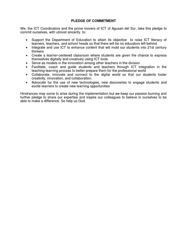 ICT Educators' Commitment Pledge | PDF | Educational Technology | Teachers