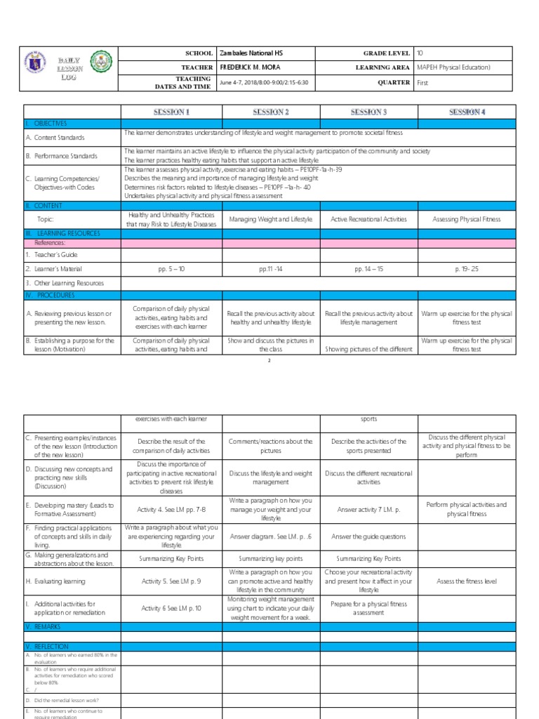 Grade 10 PE 1st Quarter Lesson Plan | PDF | Physical Fitness | Learning