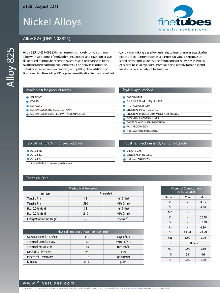 Alloy 825 (UNS N08825) Overview | PDF | Titanium | Chemical Substances